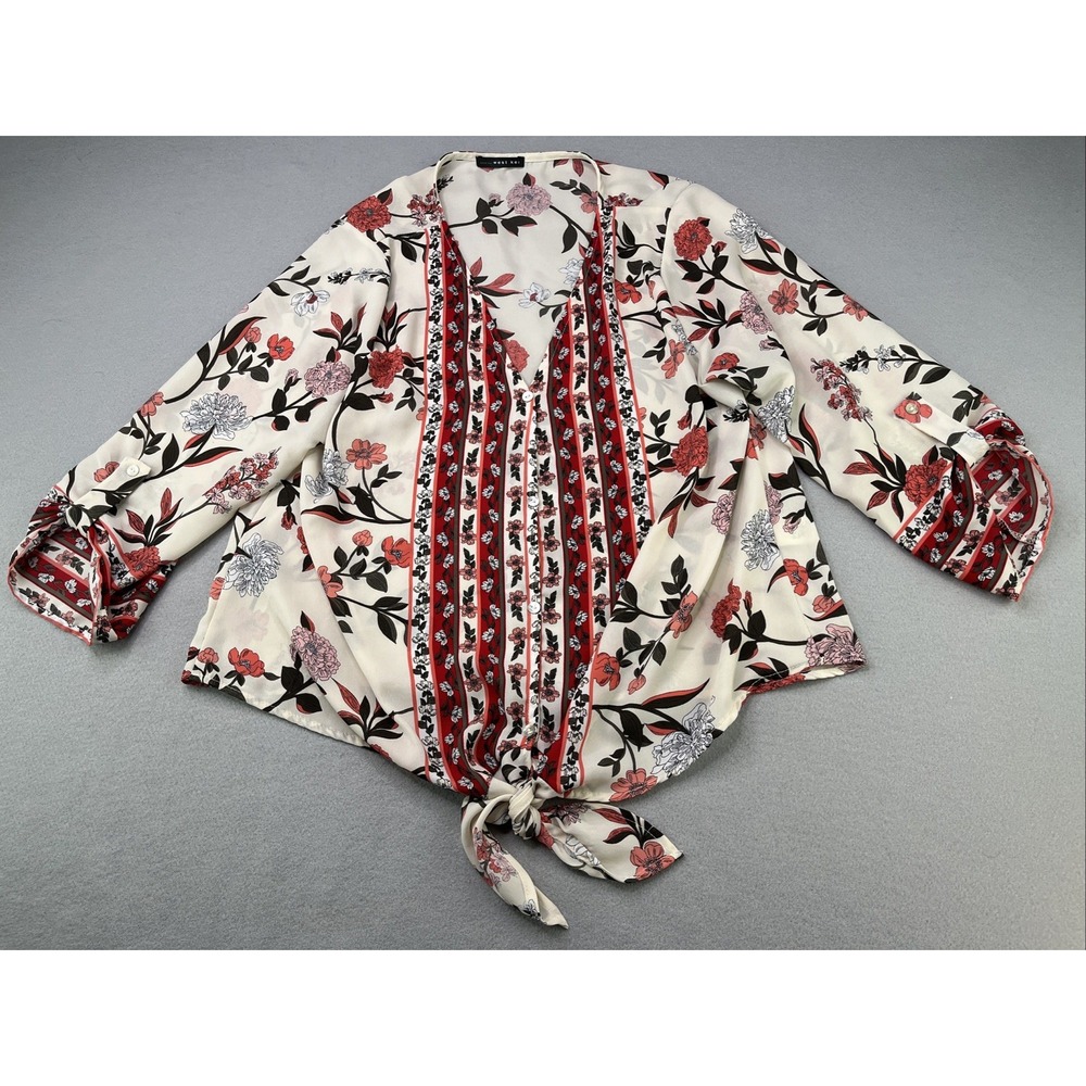 West Kei Women's Medium Blouse Floral 3/4 Sleeve Waist Cinch Tye V-Neck